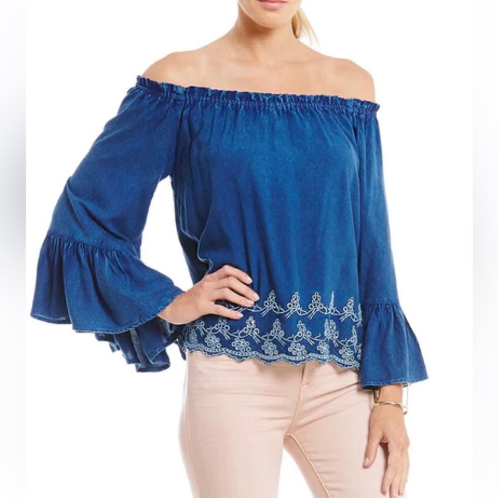 Elan Off Shoulder Denim Blouse with Embroidery and Bell Sleeves size M